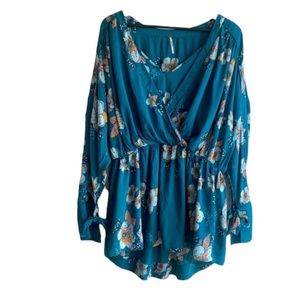 Free People Blouse Floral Top Turquoise Blue Medium Tuscan Peasant Boho Printed